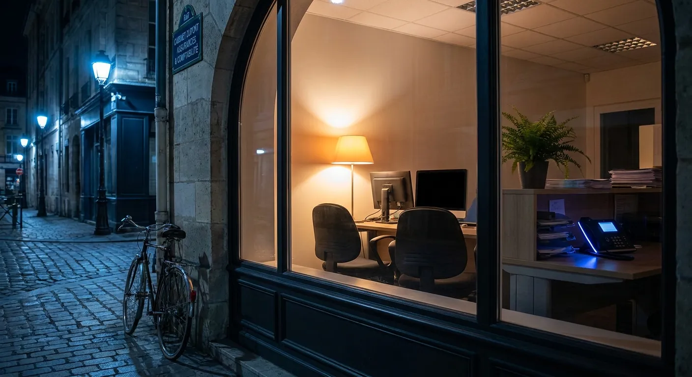Bureau vide la nuit éclairé par les écrans, représentant le travail silencieux d'un agent vocal IA en dehors des heures de travail