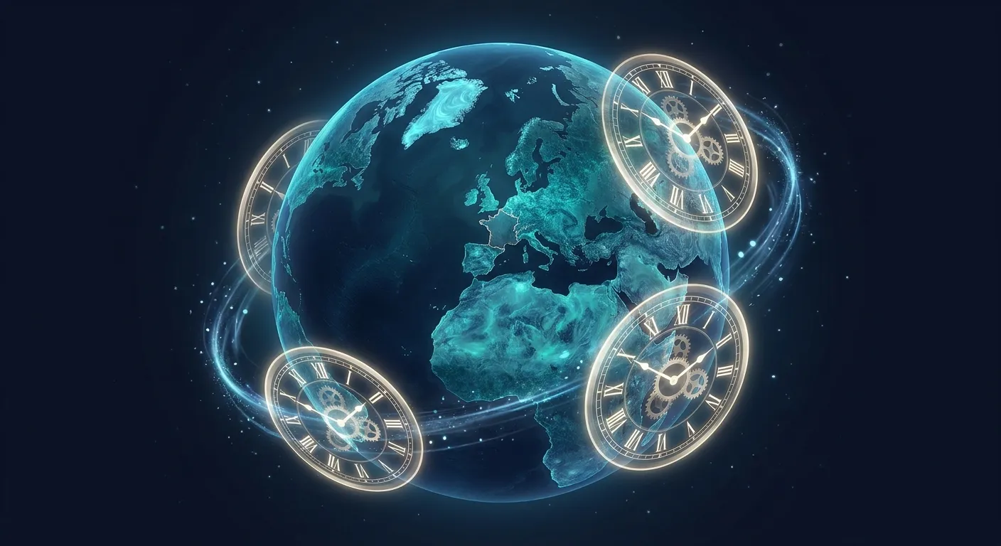 Globe avec horloges représentant la disponibilité mondiale 24h/24 et 7j/7 d'un agent vocal IA
