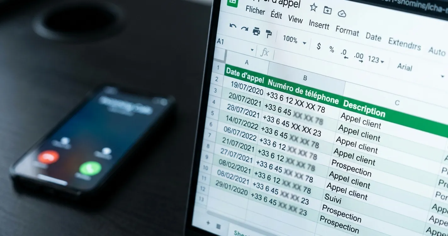 Dashboard Google Sheets ouvert sur un ecran d'ordinateur avec des donnees d'appels telephoniques organises en colonnes, symbolisant la capture automatique de leads