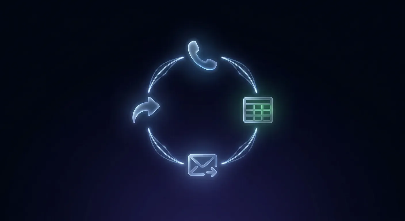 Icones connectées représentant les intégrations incluses dans un agent vocal IA tout inclus - Google Sheets, email, téléphone