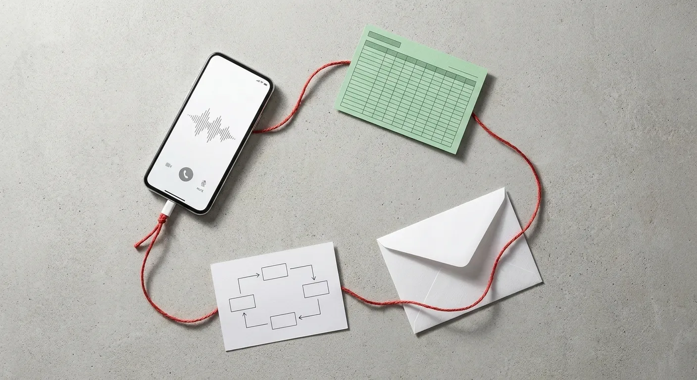 Workflow flat lay illustrant la simplicité d'un agent vocal IA tout inclus connecté à Google Sheets et email
