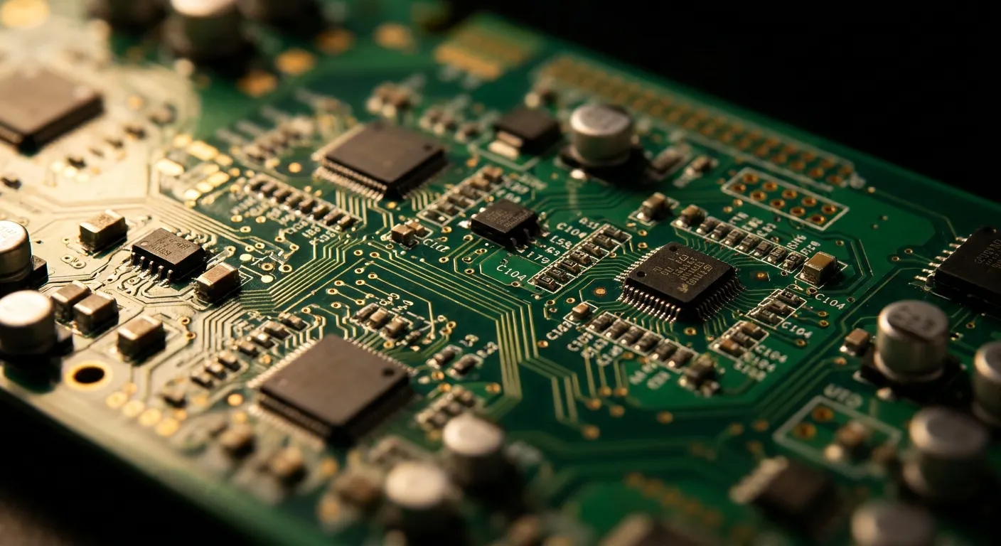 Circuit imprimé complexe symbolisant l'architecture technique d'un agent vocal IA développé en interne
