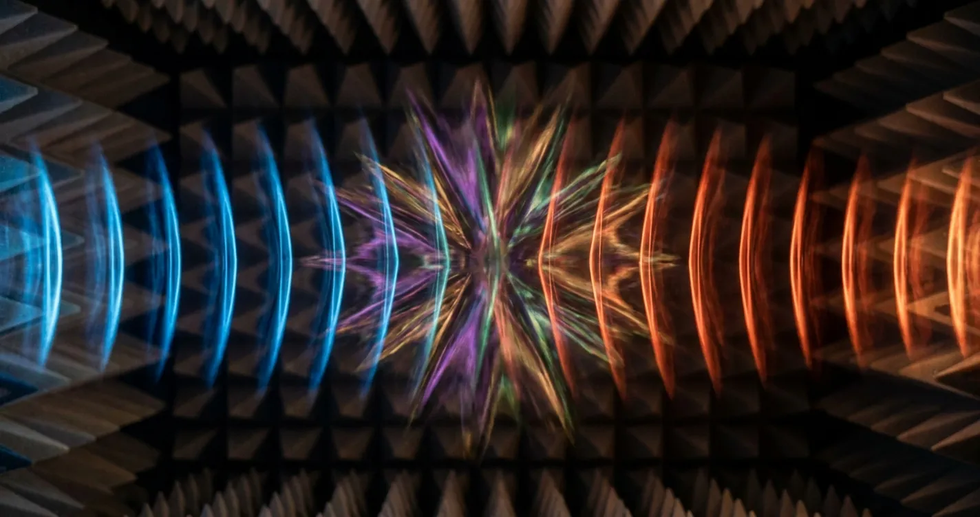 Visualisation de deux ondes sonores se croisant, illustrant le barge-in dans un agent vocal IA