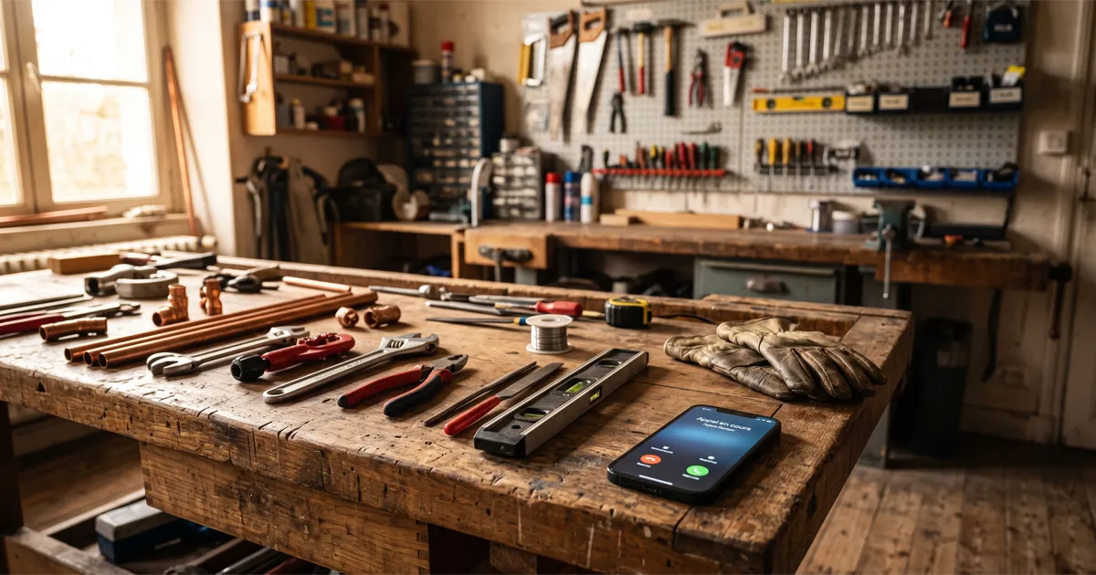 Atelier d'artisan avec outils professionnels et smartphone affichant un agent vocal IA Konten