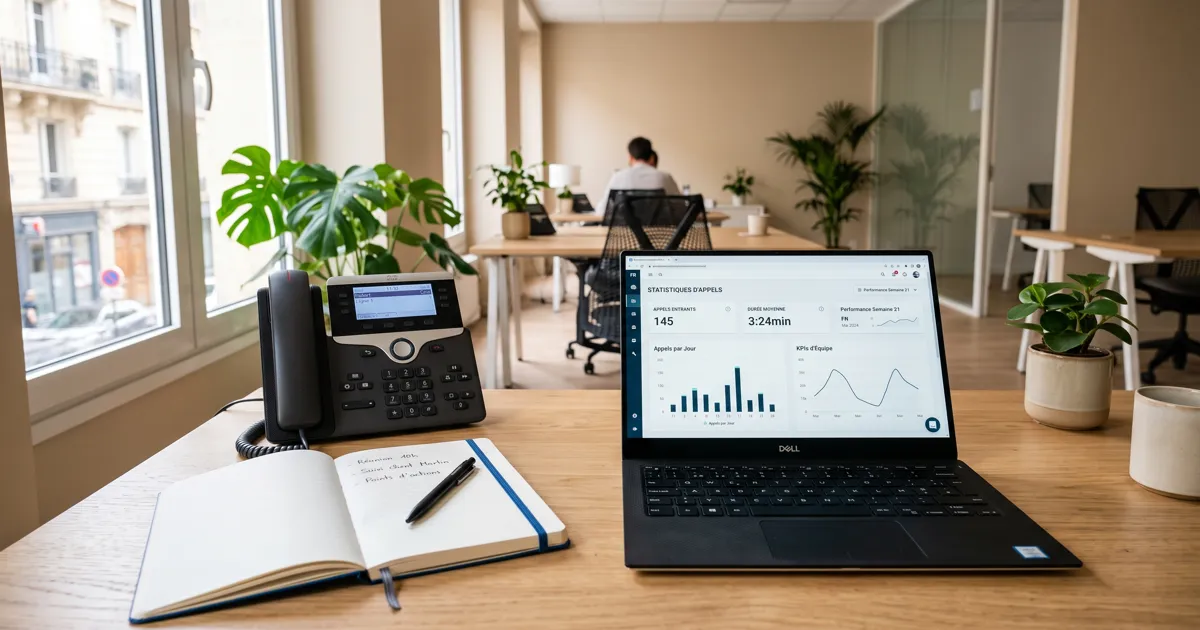 Bureau professionnel avec téléphone IP et tableau de bord d'appels — agent vocal IA tout inclus pour PME