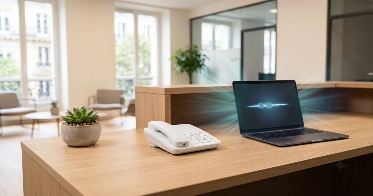 Bureau de réception avec téléphone et interface IA représentant la comparaison agent vocal IA vs télésecrétariat externalisé