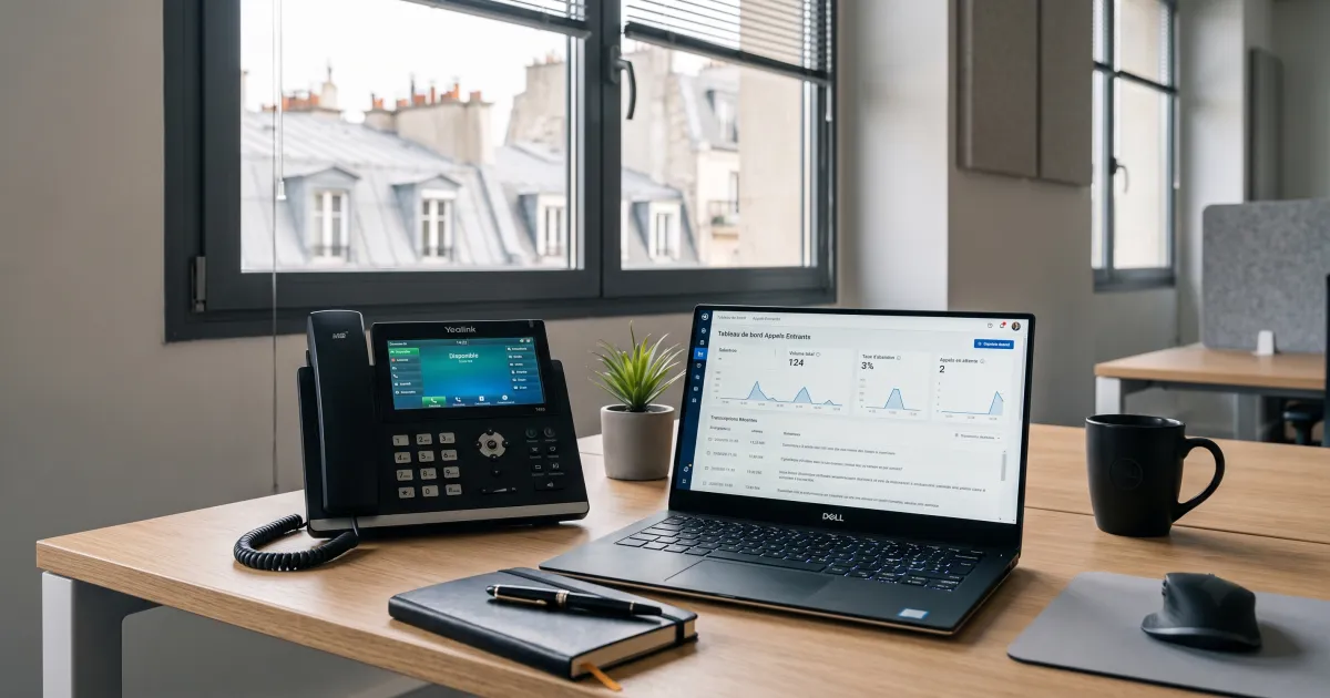 Bureau de PME française avec téléphone professionnel et interface de gestion d'appels IA — comparatif agents vocaux 2026
