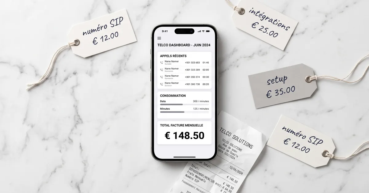 Smartphone affichant un tableau de bord de téléphonie IA entouré d'étiquettes de prix — illustration des coûts cachés d'un agent vocal IA