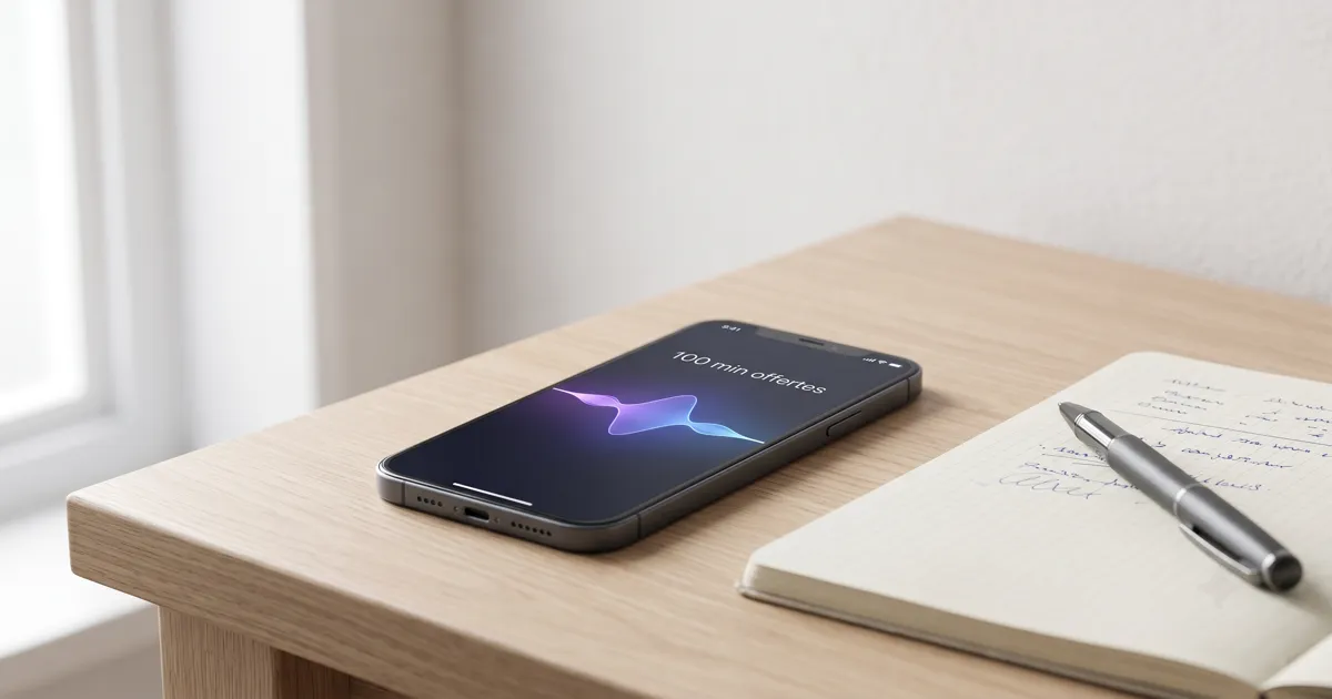 Smartphone professionnel affichant l'interface Konten avec 100 minutes offertes — essai gratuit agent vocal IA sans carte bancaire