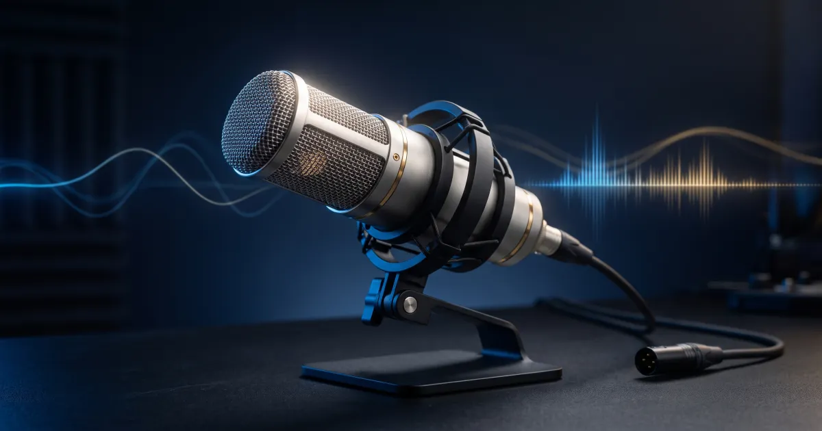 Microphone studio professionnel avec ondes sonores IA — comparatif meilleure voix IA en français 2026 Voxtral Mistral
