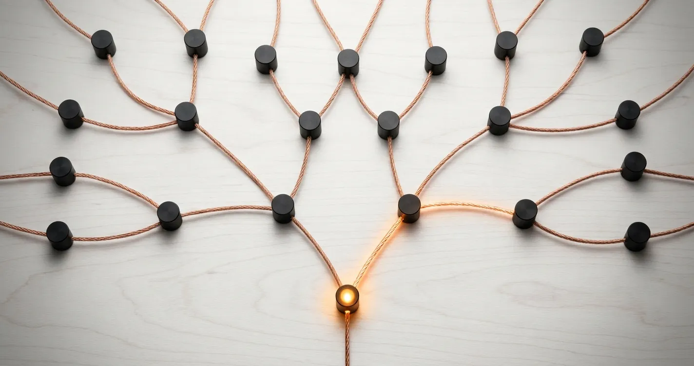 Réseau de noeuds avec chemin lumineux — redirection intelligente agent vocal IA