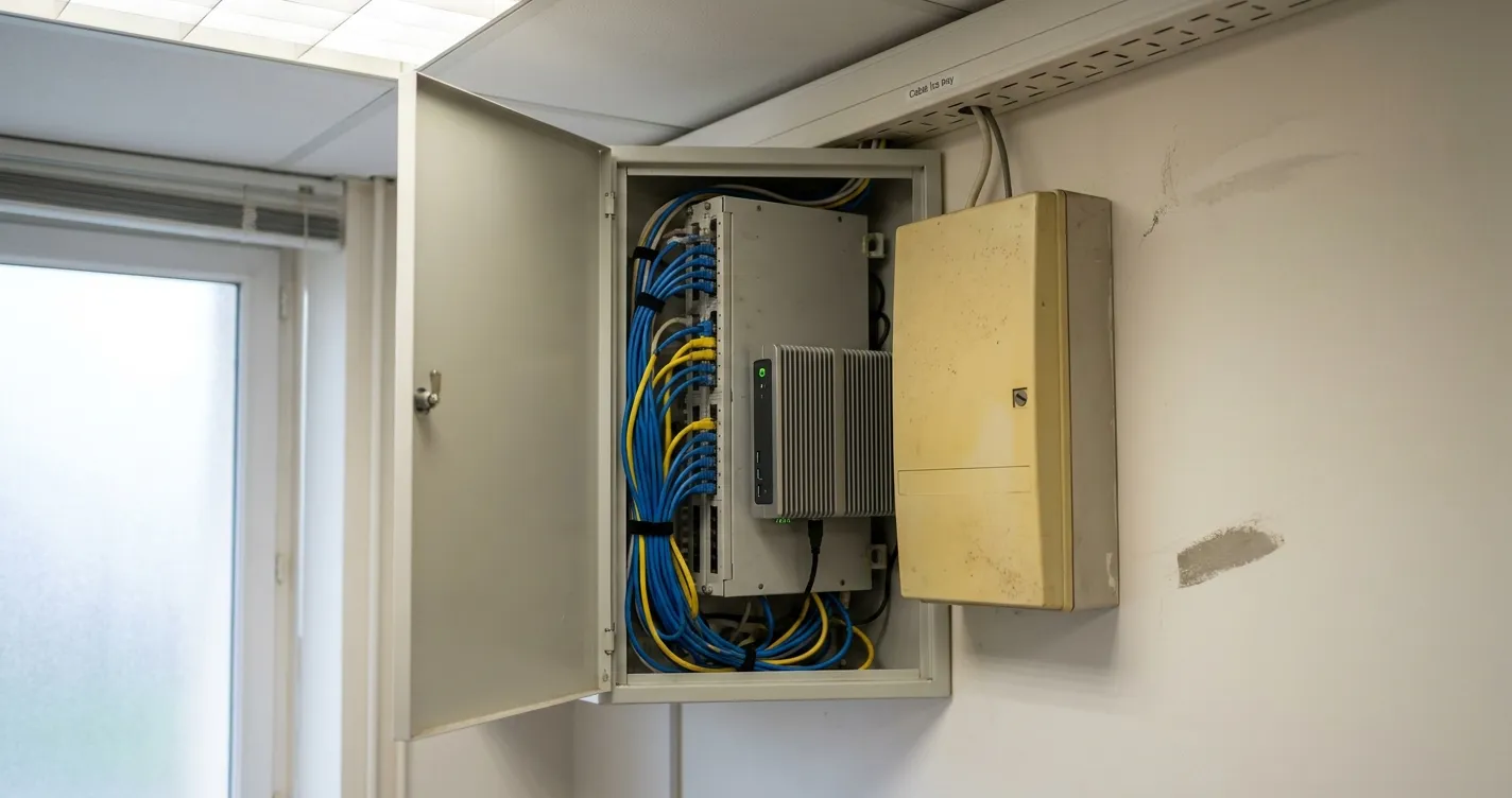 Baie de brassage et ancien boîtier de standard téléphonique dans un local technique de PME, transition vers un standard téléphonique IA