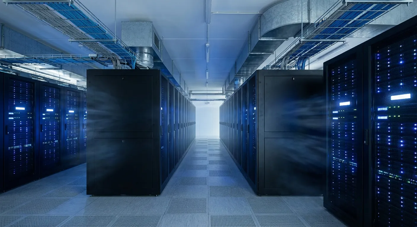 Corridor de datacenter européen illustrant l'hébergement souverain des modèles Voxtral de Mistral AI