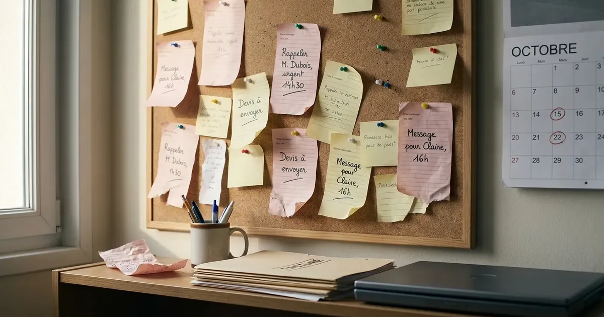 Tableau en liège couvert de post-it et de fiches de messages téléphoniques manuscrits, illustrant un secrétariat téléphonique débordé : les messages s'accumulent et les appels attendent
